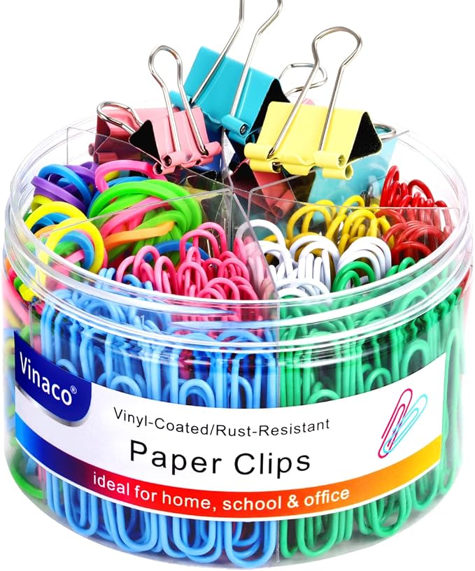 Vinaco 300PCS Paper Clips and Binder Clips Assorted Sizes, Colored Paper Clips by LightingMadeSimple