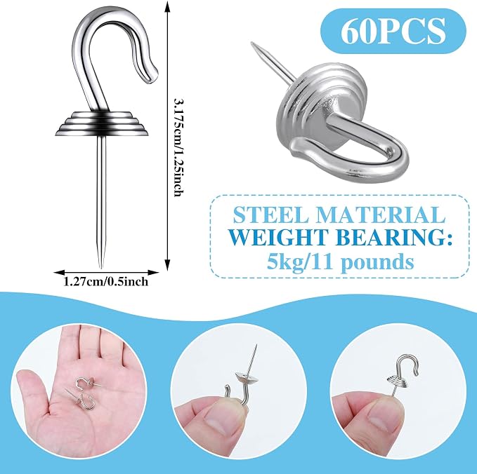 Hotop 60 Pieces Push Pin Wall Hooks Metal Thumb Tack Hangers Iron Alloy Nail - Image 2