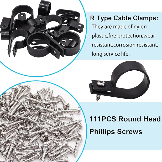 TWTADE 222PCS Black Cable Clamps Assortment Kit, Nylon Plastic R-Type 6 Sizes - Image 4