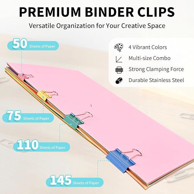 180Pcs Colorful Binder Clips Assorted Size, Metal Paper Clips - Image 3