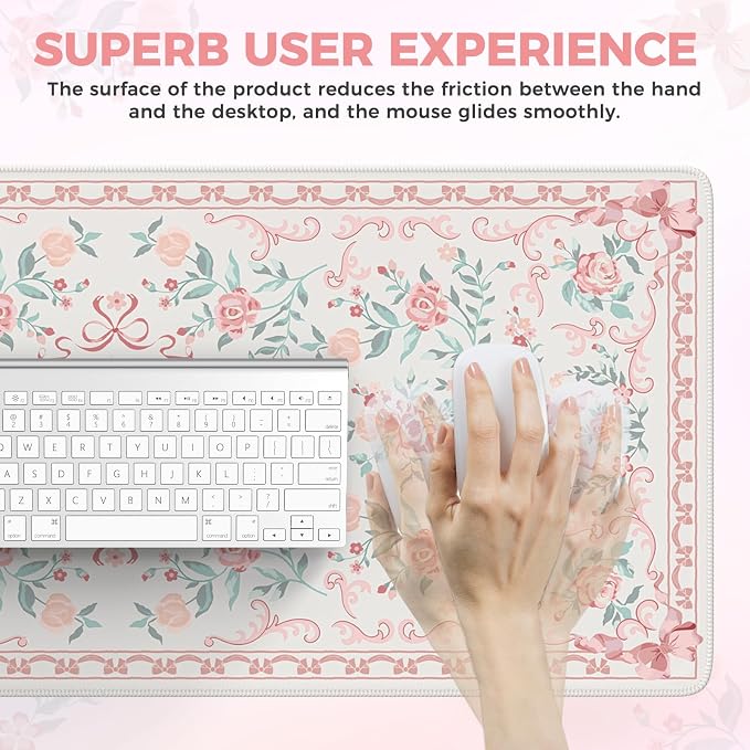 iCasso Pink Desk Mat for Desktop, Cute Desk Pad for Women, Girly Bow Mouse Pad - Image 4