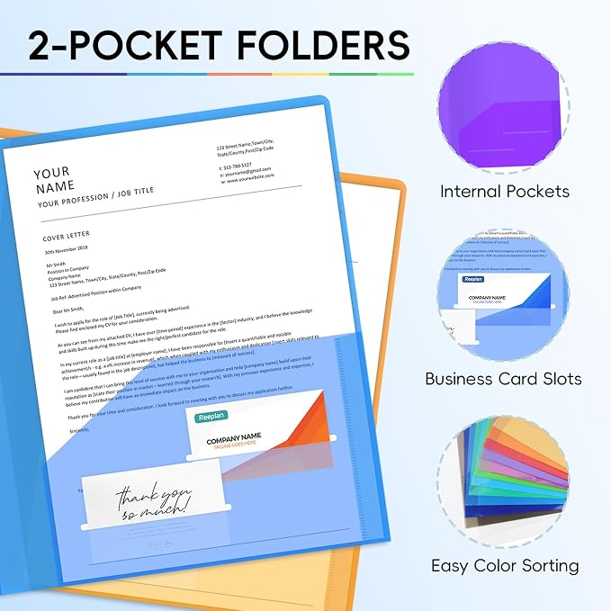 50 Pack Plastic Folders with 2 Pockets, Letter Size, 12 Colors | Polypropylene - Image 3