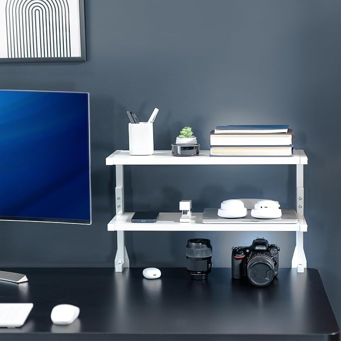 VIVO White Clamp-on 24 inch 2-Tier Desk Shelf, STAND-SHELF24C-W | Above or - Image 9