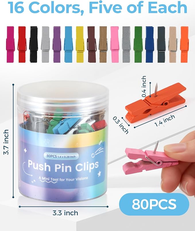 80Pcs Colorful Wooden Push Pin Clips, Decorative Thumbtack - Image 3