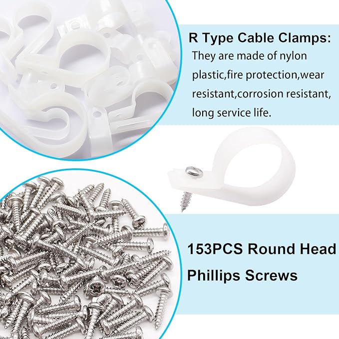 TWTADE 306PCS White Cable Clamps Assortment Kit, Nylon Plastic R-Type 6 Sizes - Image 4