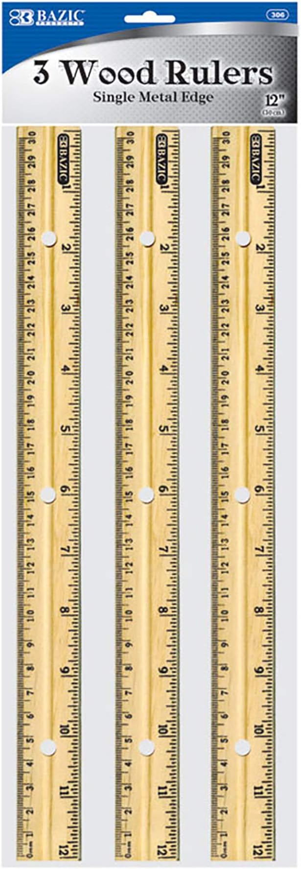 BAZIC Products 12 in Wooden Ruler, Metal Edge, Inch & Metric, 3 Pack | Three 12 by BAZICProducts