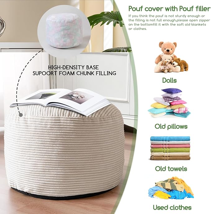 HIGOGOGO Round Stuffed Pouf Ottoman, Corduroy Poufs - Image 5