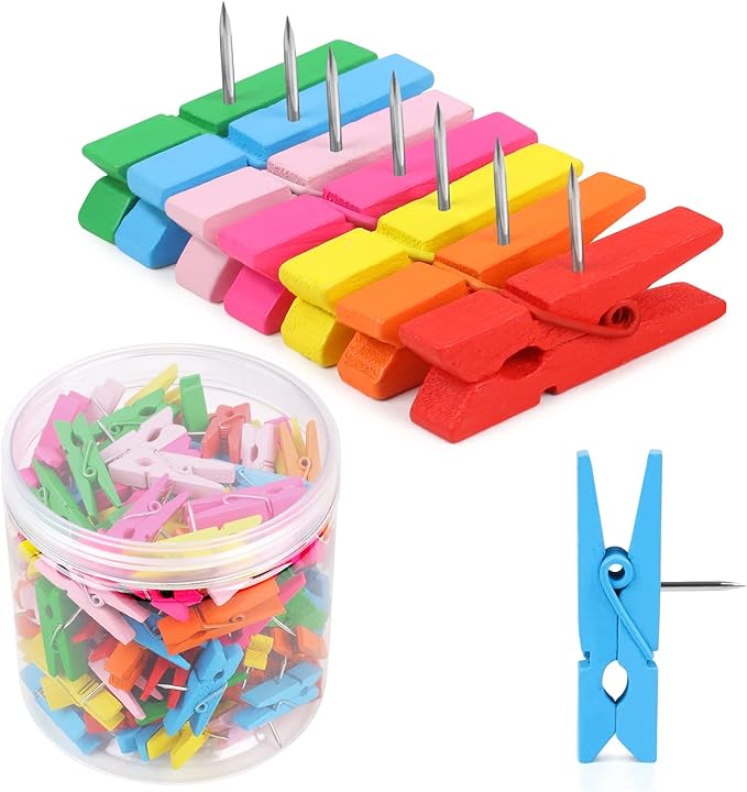 130 PCS Colorful Push Pin with Wooden Clips, Durable Wooden Push Pins, by Joyberg