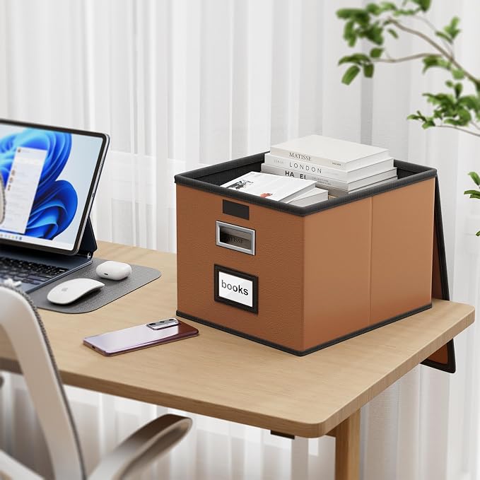 File Organizer Boxes with Lids, Collapsible Faux Leather Hanging File Folder - Image 2