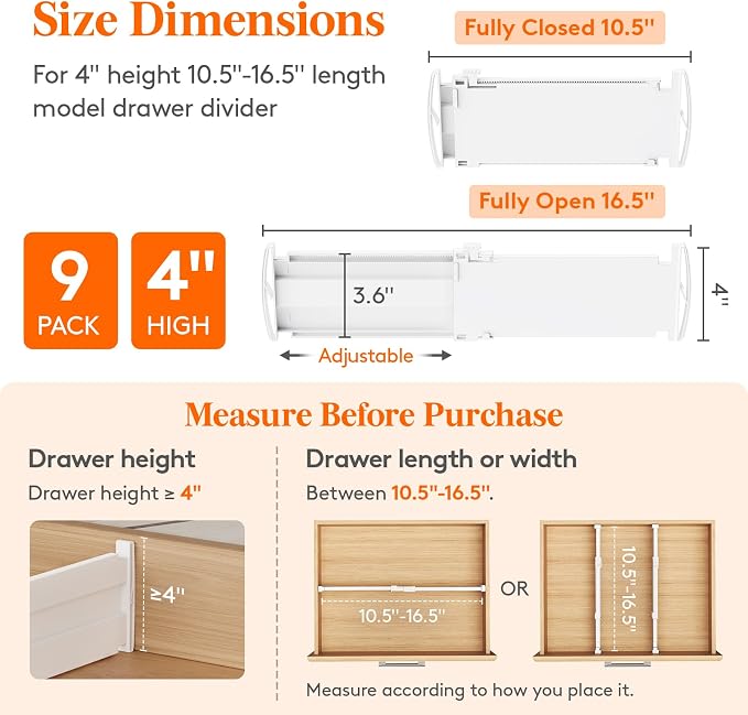 Lifewit 9 Pack Drawer Dividers for Clothes, Adjustable White Plastic Separators - Image 2