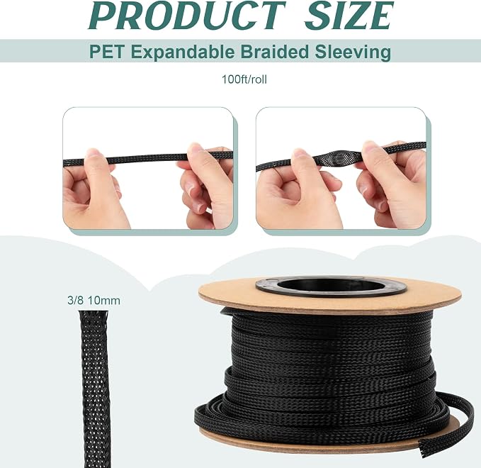 100ft 3/8 Inches Braided Wire Loom PET Cable Loom Expandable Braided Cable - Image 2