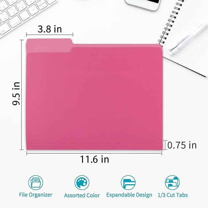 Two Tone Color File Folder 8.5 x 11 Inch, 100 Packs Pink File Folders, 1/3 Cut - Image 2
