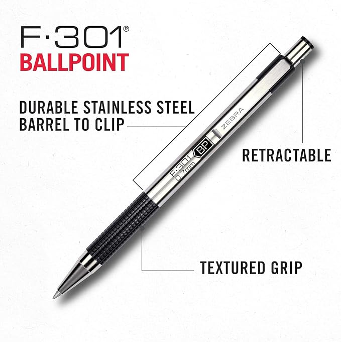 Zebra Pen F-301 Retractable Ballpoint Pen, Stainless Steel Barrel, Fine Point - Image 3
