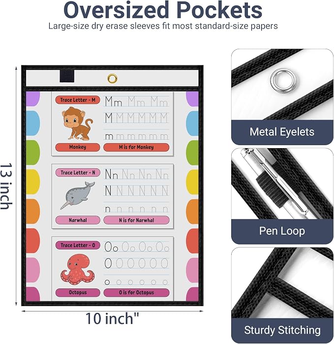 AKONEGE 5 Pack Oversized Dry Erase Pocket Sleeves Reusable 10 x 13 Inches Black - Image 2