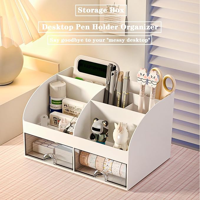 COMFYROOM Desk Organizer with 6 Compartments and 2 Drawers, Plastic Makeup - Image 3