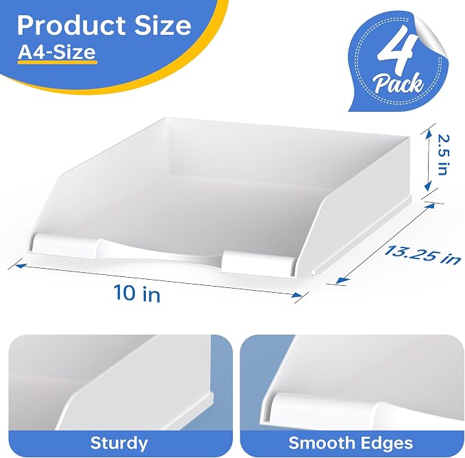 4 Pack Stackable Paper Trays for Letter Documents, Desktop File Organizers for - Image 3