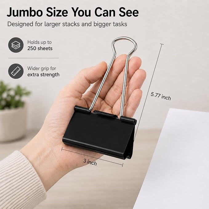 2 PCS 3 Inch Extra Large Jumbo Binder Clips – Sturdy Black Metal Paper Clamps - Image 2