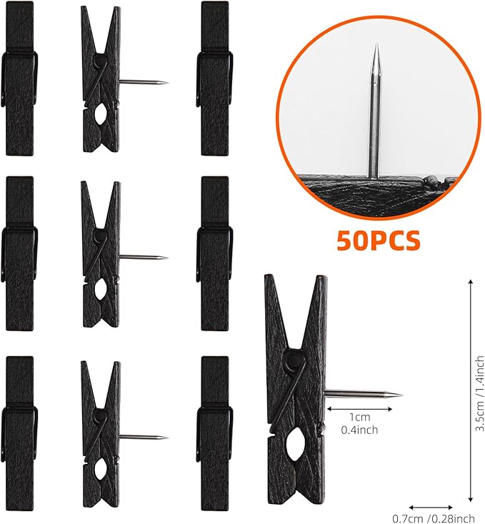 Black Push Pins, Spring-Loaded Wooden Clips | Damage-Free Cork Board Tacks - Image 2