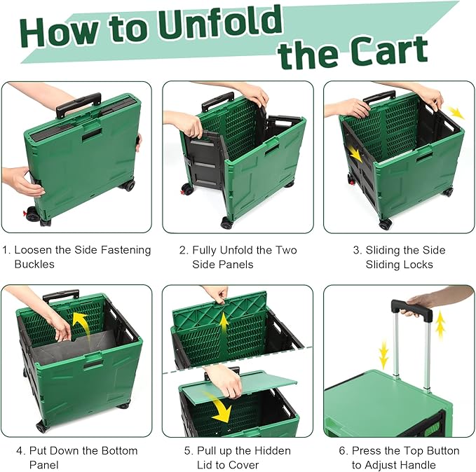 FELICON Folding Utility Cart Rolling Crate Handcart Basket-Dark Green+Black | - Image 4