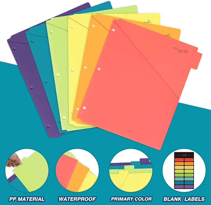 H4D 6-Tab Plastic Binder Dividers, 2 Pockets, Primary Colors, 2 Sets | Made of - Image 5