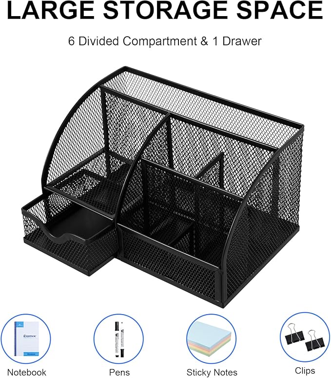 Comix Mesh Pen Pencil Holder Desk Organizer, 7 Compartment Wire Desktop Pen - Image 4