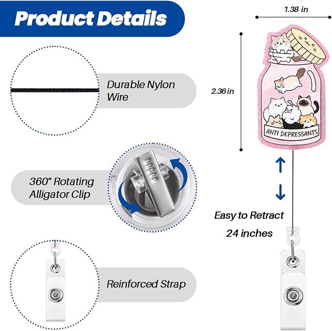 Anti Depressants Funny Nurse Badge Reel, Cute Pink Cat Retractable ID Card - Image 3