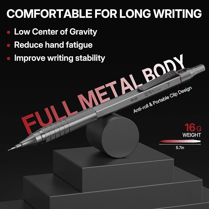 WUO 0.7mm Mechanical Pencil Set, 3 Grey Metal Drafting Pencils - Image 4