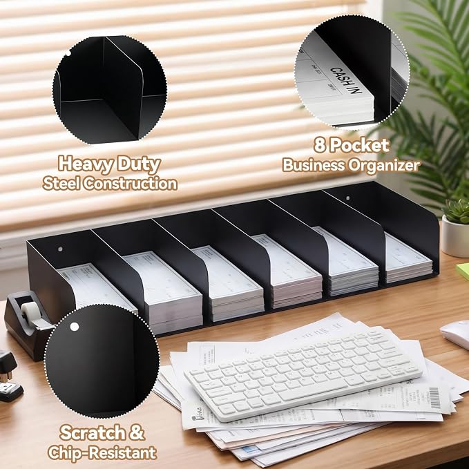 Gisafai Metal Check Sorter Organizer 6 Pockets, 16 x 3.75 x 8 Inch Black Steel - Image 6