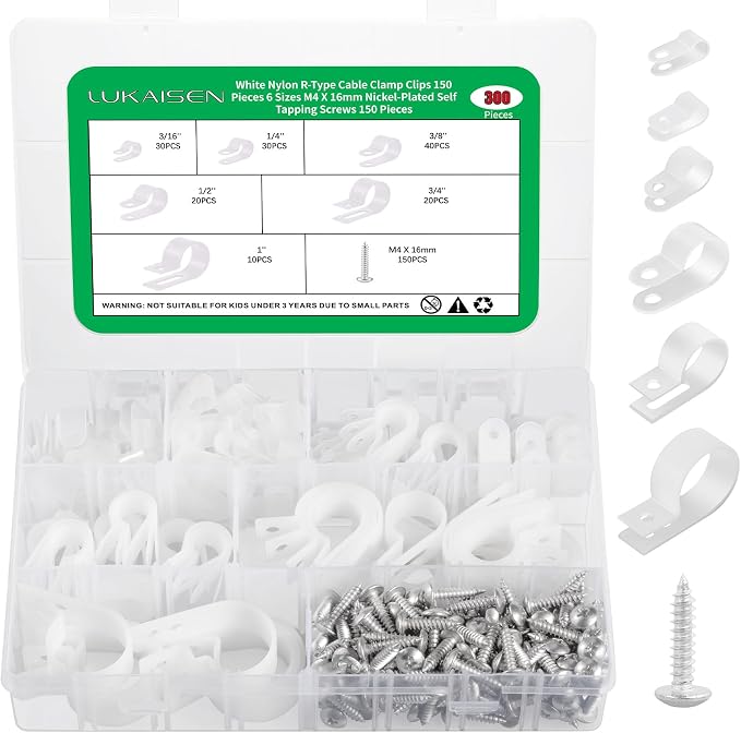 300PCS White Cable Clamps Assortment Kit, Nylon Plastic R-Type 6 Sizes 3/16'' by LuKaiSen