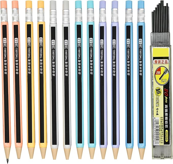 mechanical pencils 12-Pack Colorful Wood-Imitating Automatic Pencils 2.0mm by Lopenle