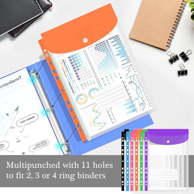 12 Pack Plastic Envelopes Binder Pocket 11 Holes Expandable Binder Folders - Image 4