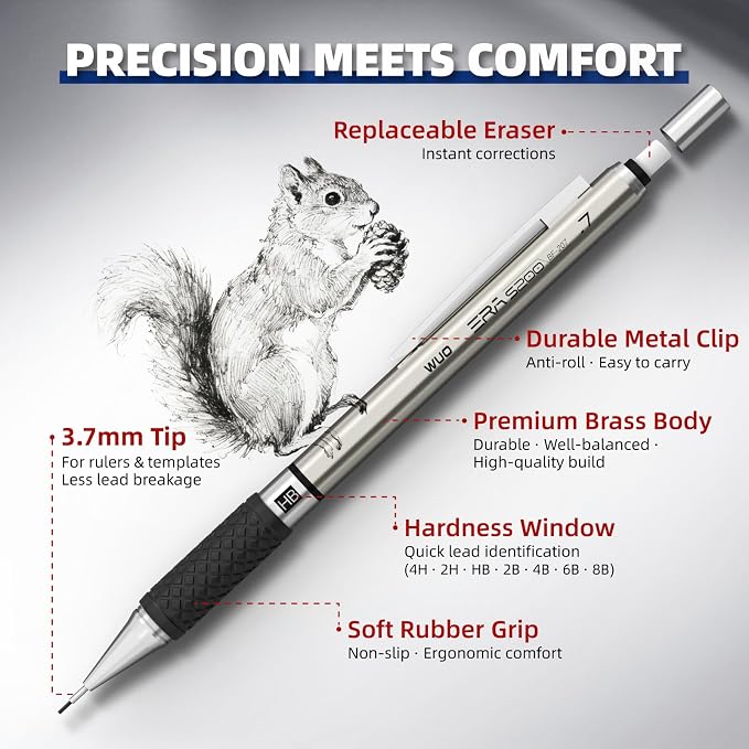 WUO 0.7mm Mechanical Pencil Set in Storage Case, 1 Eraser Pen, 12 Eraser Refills - Image 3