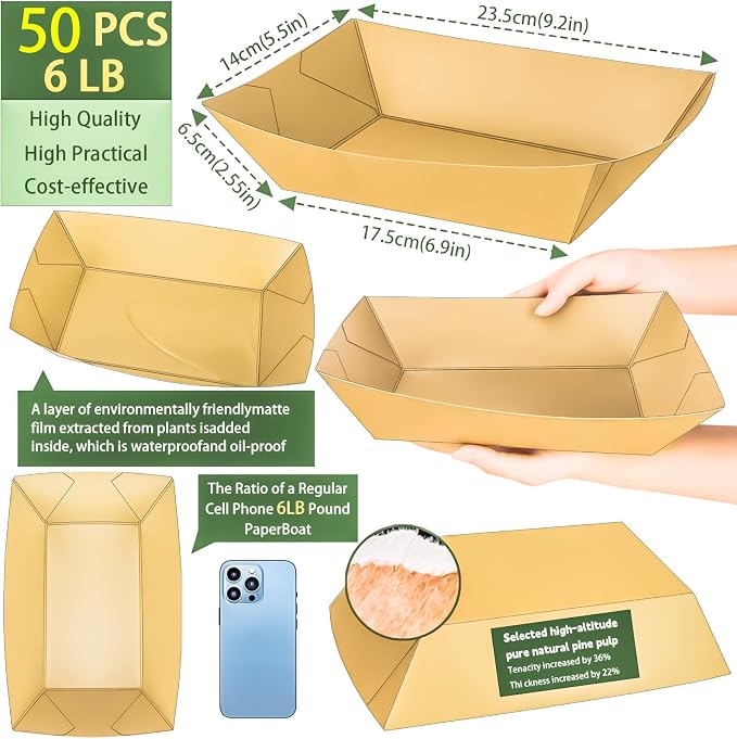 50 Pack Extra Large 6LB Paper Food Boats Trays Disposable Paper Boat Plate - Image 2