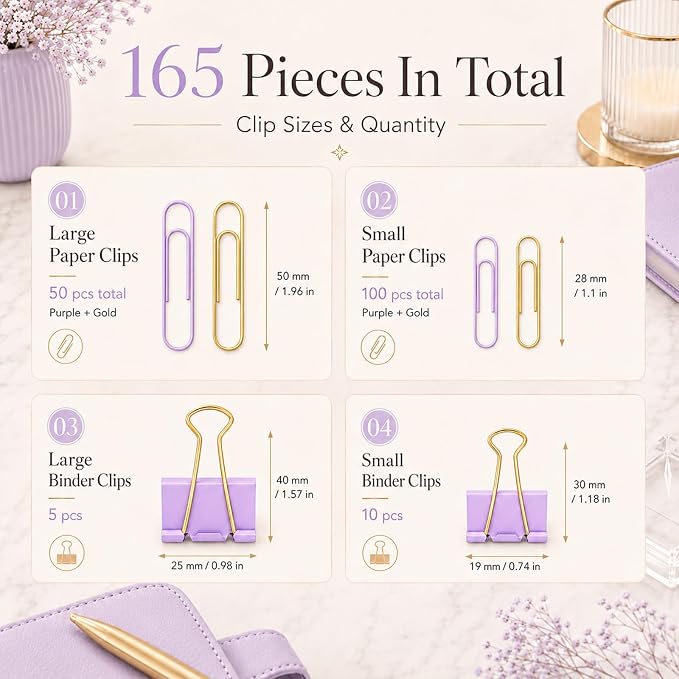 Purple and Gold Paper Clips Binder Clips Set - Image 4
