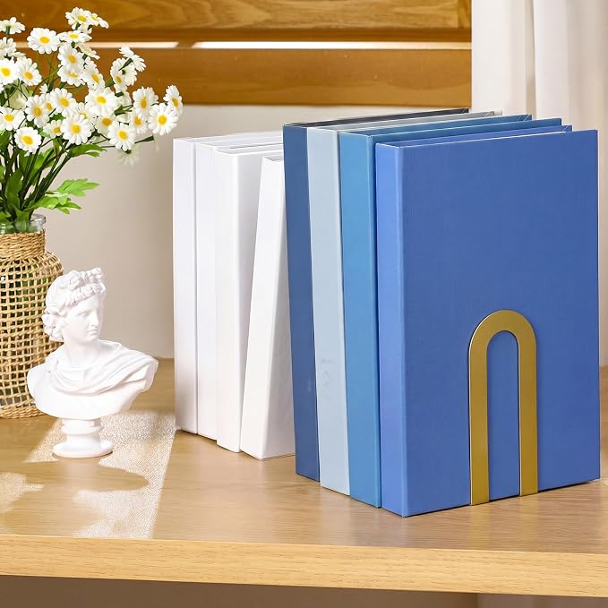 Chunful 6 Pcs Gold Book Ends for Shelves Decorative Small Modern Metal Bookends - Image 5