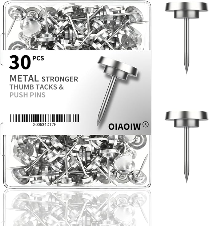 30 PCS Metal Silver Push Pins for Wall Thumb Tacks for Walls Flat thumbtacks by OIAOIW