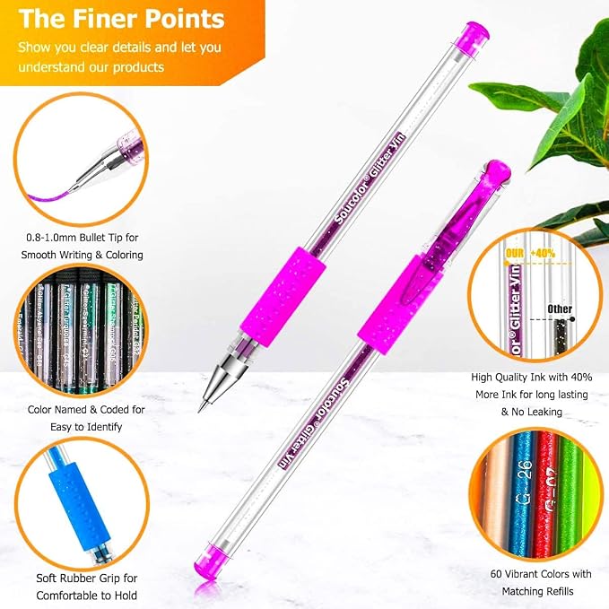 Soucolor Glitter Gel Pens for Adult Coloring Books, 120 Pack-60 Glitter Pens - Image 3