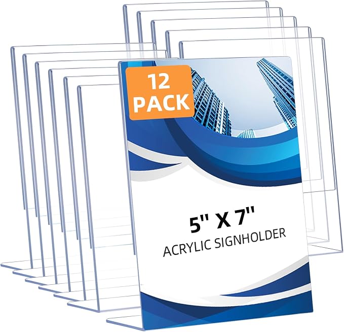 12 Pack Slanted Back Acrylic Sign Holders 5x7 by DECOHOBO