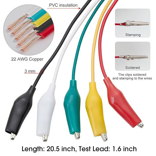 WGGE WG-026 10 Pieces and 5 Colors Test Lead Set & Alligator Clips, 20.5 inches - Image 4