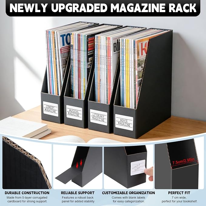 YOTINO Black Magazine Holder, 8 Pack Cardboard Magazine File Holders, Vertical - Image 3