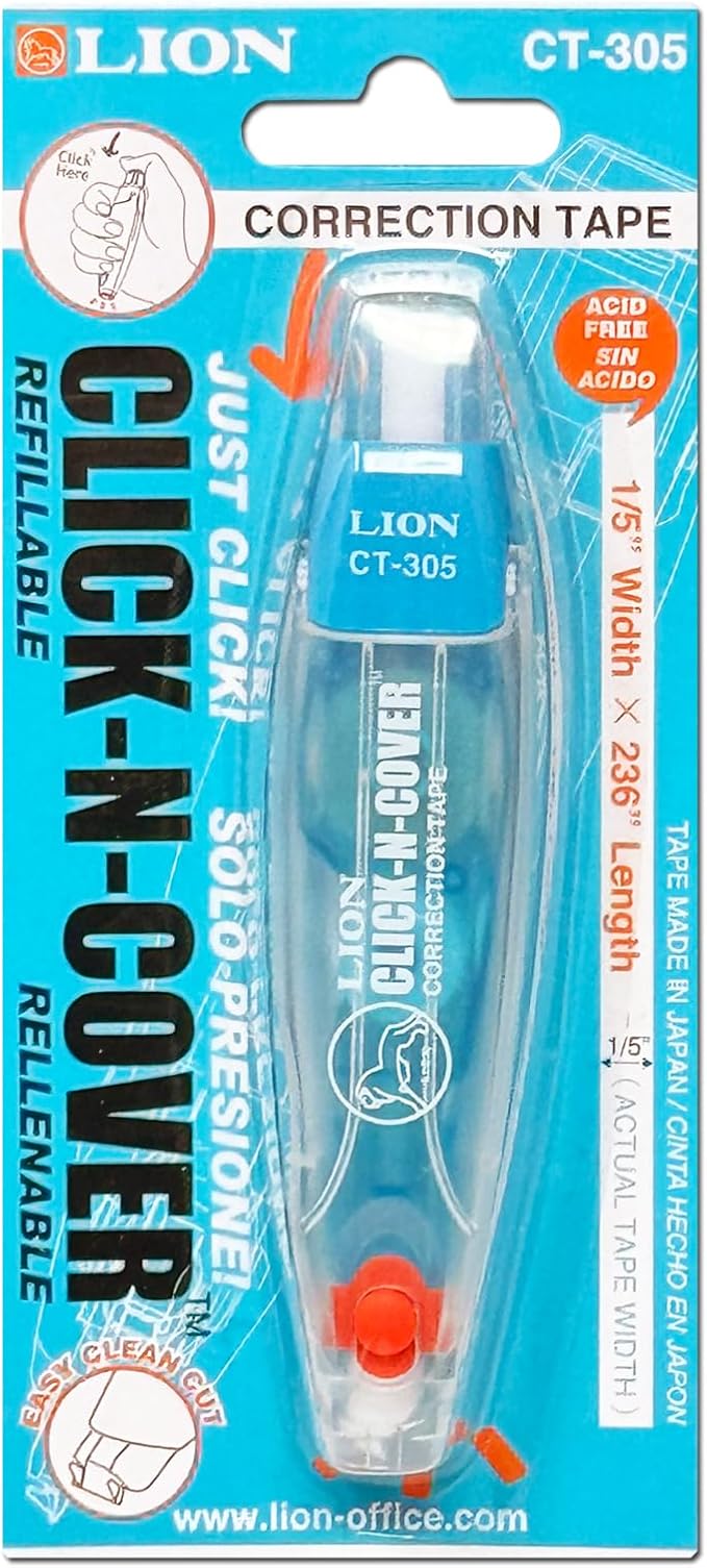 LION CLICK-N-COVER Refillable Correction Tape, Retractable Tip, 1/5" wide and - Image 8