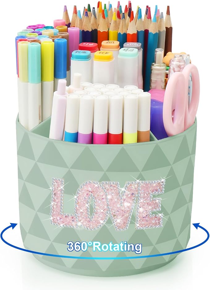 Bling Desk Organizer, Glitter Love Rhinestone Rotating Pencil Pen Holders by NUOZME