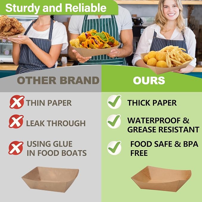 100 Pack 3lb Heavy Duty Paper Food Trays Kraft Leak Proof Paper Food Boats - Image 6
