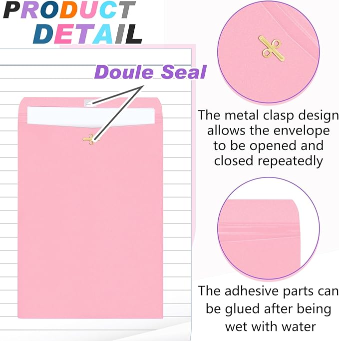 Geyee 100 Pcs Clasp Manilla Envelopes 9 x 12 Inch Gummed Colored Envelopes - Image 3