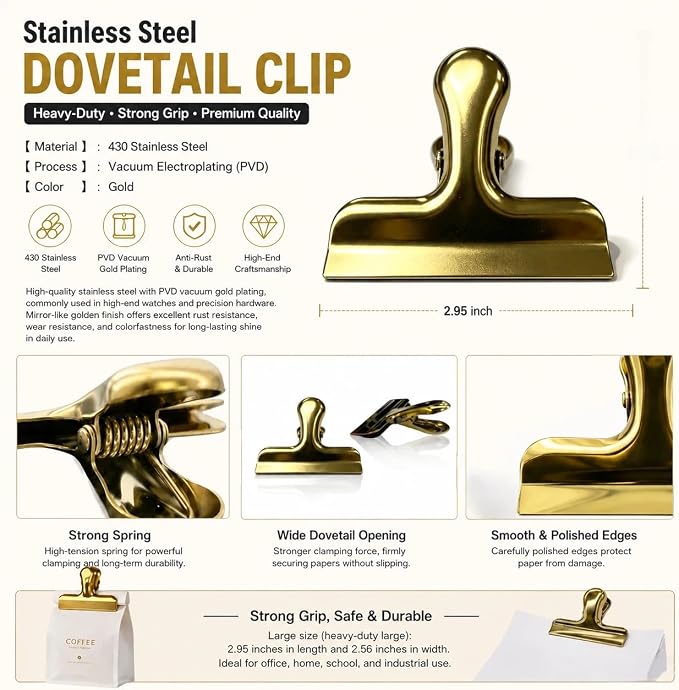 Heavy Duty Bulldog Binder Clips 10 Pack, 3 Inch Gold Foldback Metal Clips - Image 2