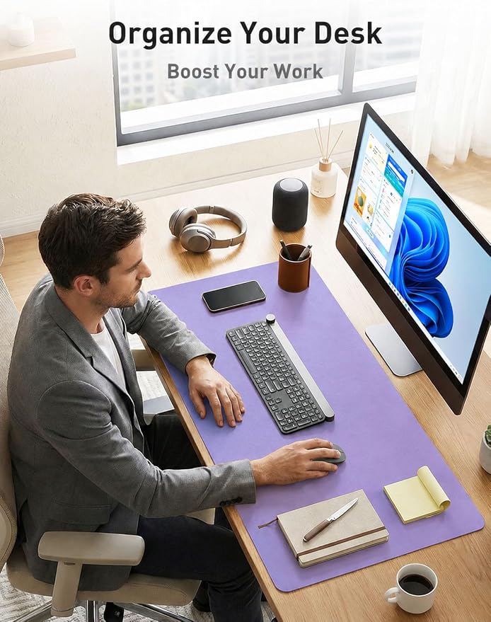 Aothia Faux Leather Desk Mat Mouse Pad, Light Purple - Image 8