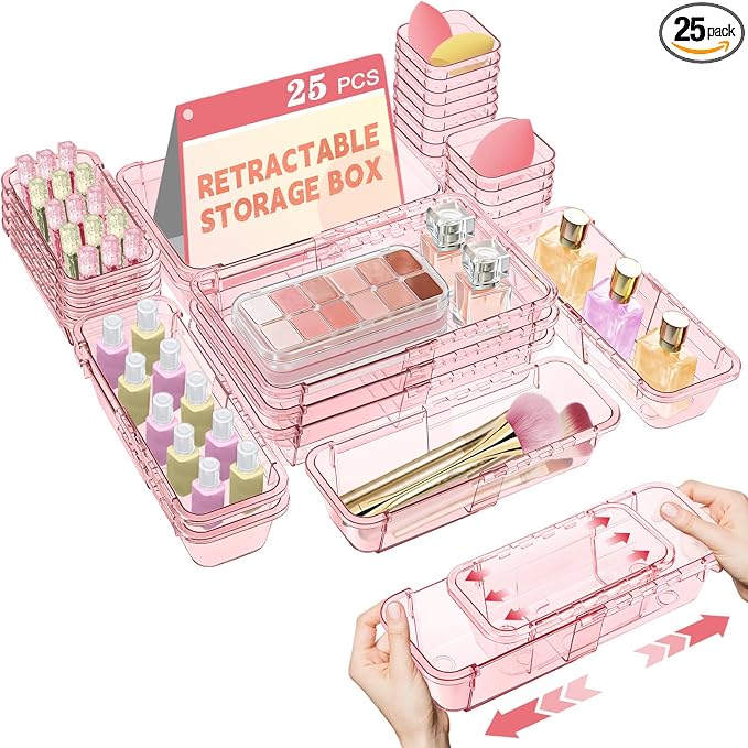 25 Pcs Clear Drawer Organizer, Adjustable Drawer Storage Box, 3-Size Desk by Hiitytin