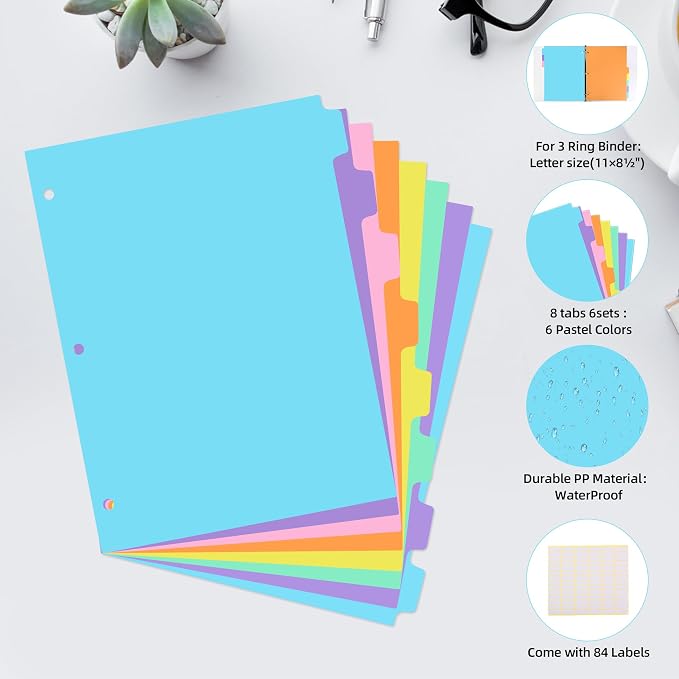 3 Ring Binder Dividers with TAB, 8 Tab 3 Hole Punch Dividers, Pastel Color - Image 5