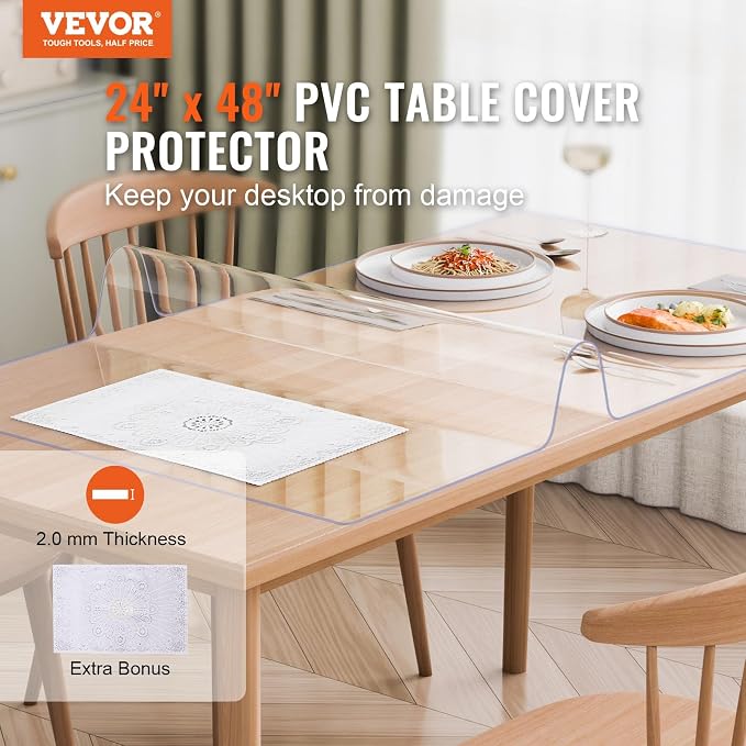VEVOR Plastic Table Cover, 24 x 48 Inch 2.0 mm Thick Clear PVC Desk Mat - Image 2