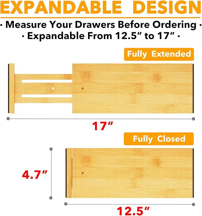 SpaceAid Bamboo 4 Pack Dresser Drawer Dividers, 4.65“ High Adjustable 12.5“-17” - Image 3